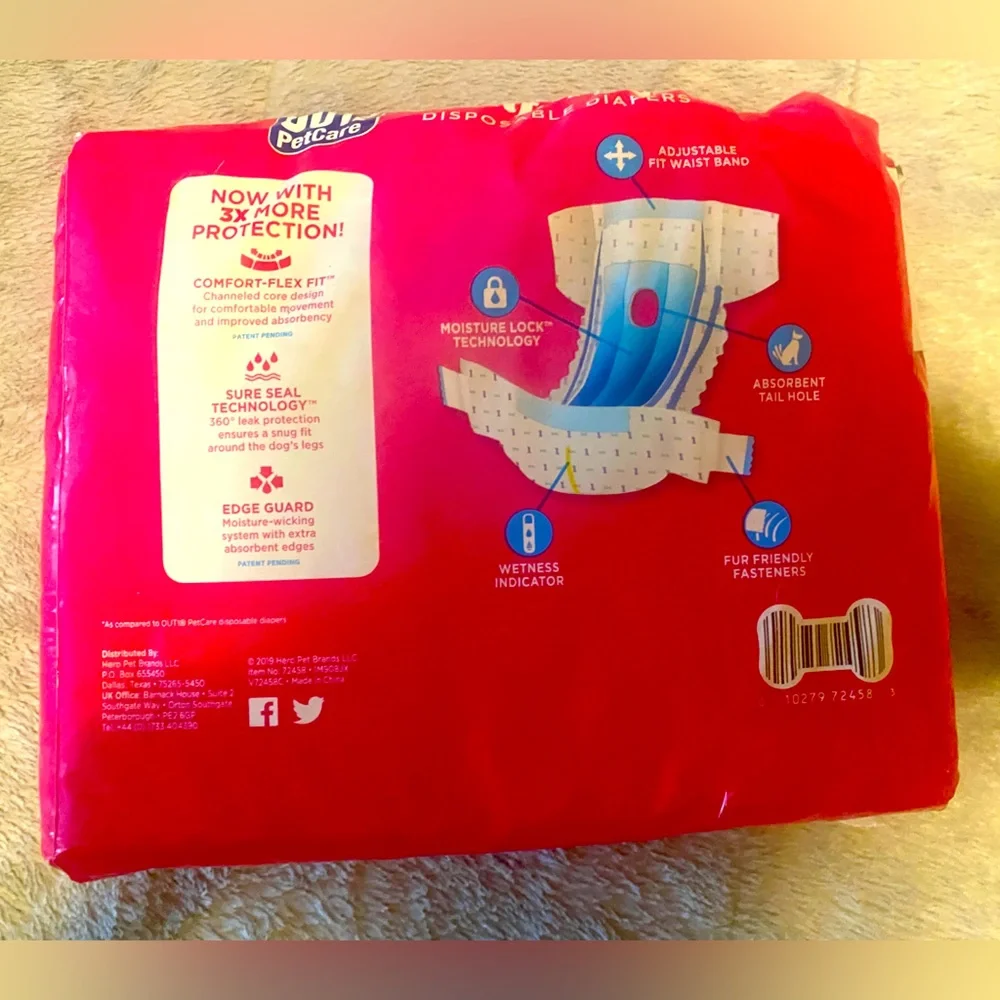 🐶OUT! PET CARE🐶 COMFORT-DRY DISPOSABLE DIAPERS W/ ODOR CONTROL, EDGE GUARD